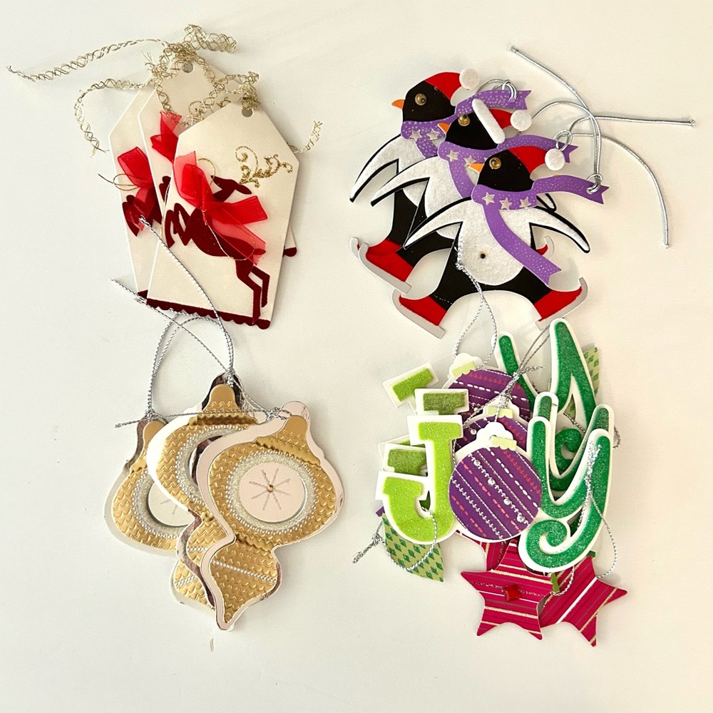 Christmas Gift Tags 12 Vintage pieces Penguin Deer Joy Ornament Gold Red Green